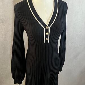 Urban Revivo Ribbed V-Neck Bishop Sleeve Fitted Sweater Midi Dress Size Medium